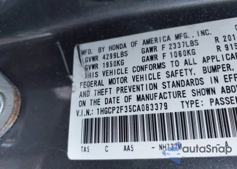 2012 Honda Accord Lx z USA, uszkodzony, nr VIN 1HGCP2F35CA083379